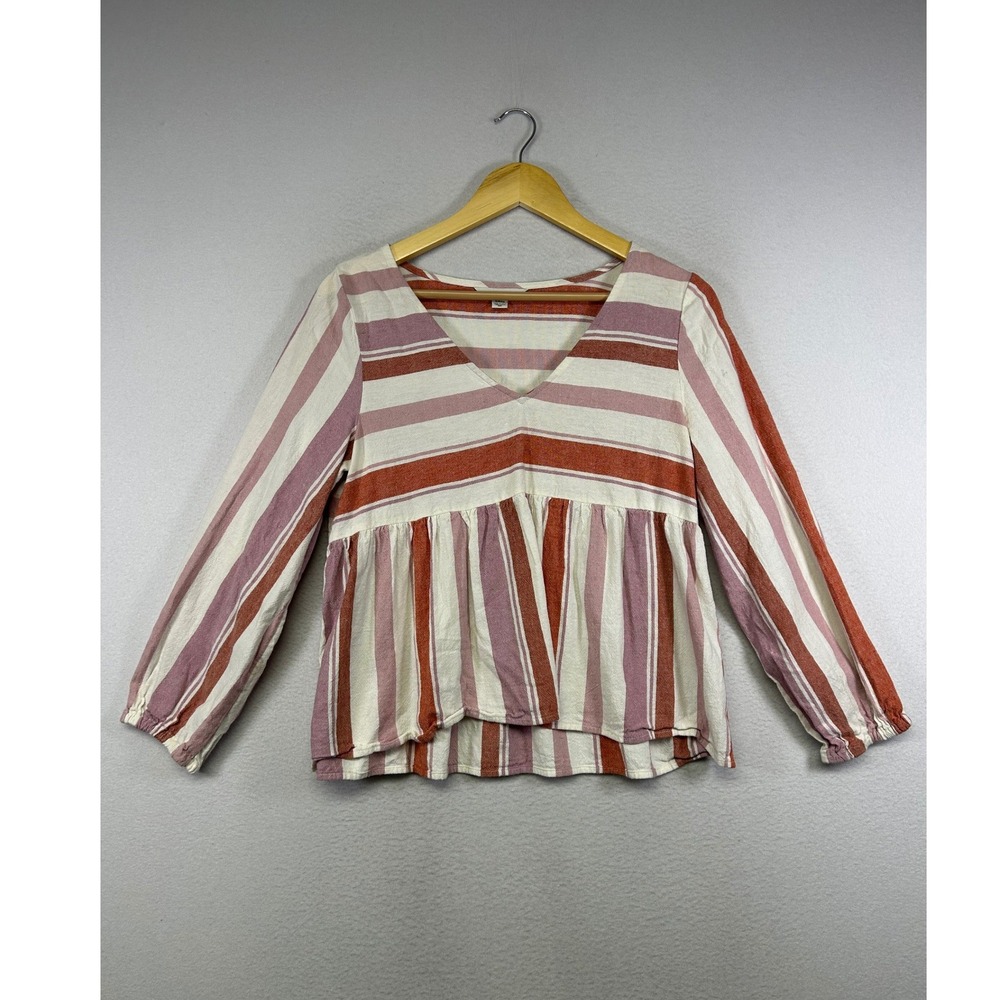 Boho American Eagle Womens Small Pink Orange Striped Linen Blend Babydoll Blouse
